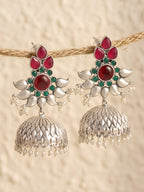 Floral Lotus Jhumki Earrings — Red & Green Stones, Silver Finish