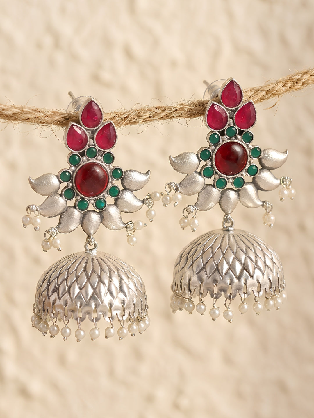 Floral Lotus Jhumki Earrings — Red & Green Stones, Silver Finish