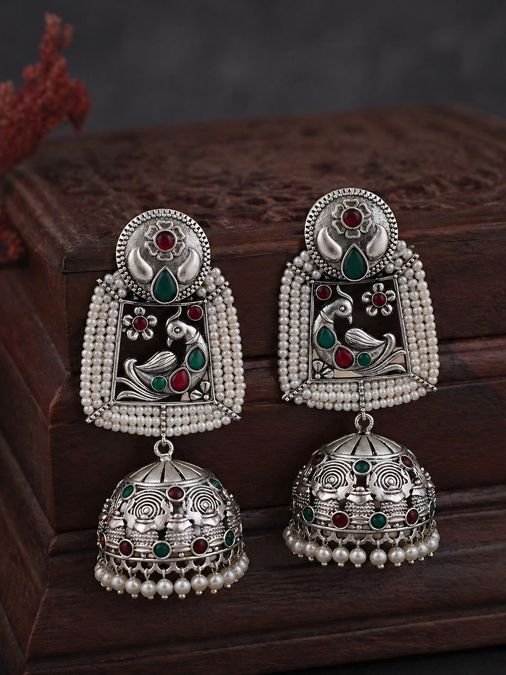 Silver finish Peacock Jhumka Pearl Earrings