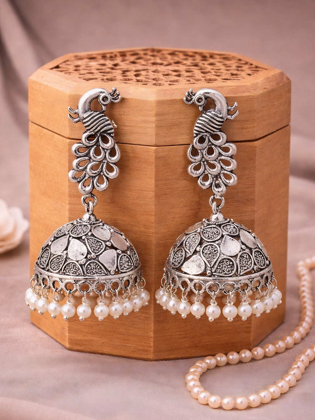 Peacock Pearl Silver tone Jhumka Earrings