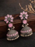 Pink Floral Silver Finish Jhumka Earrings