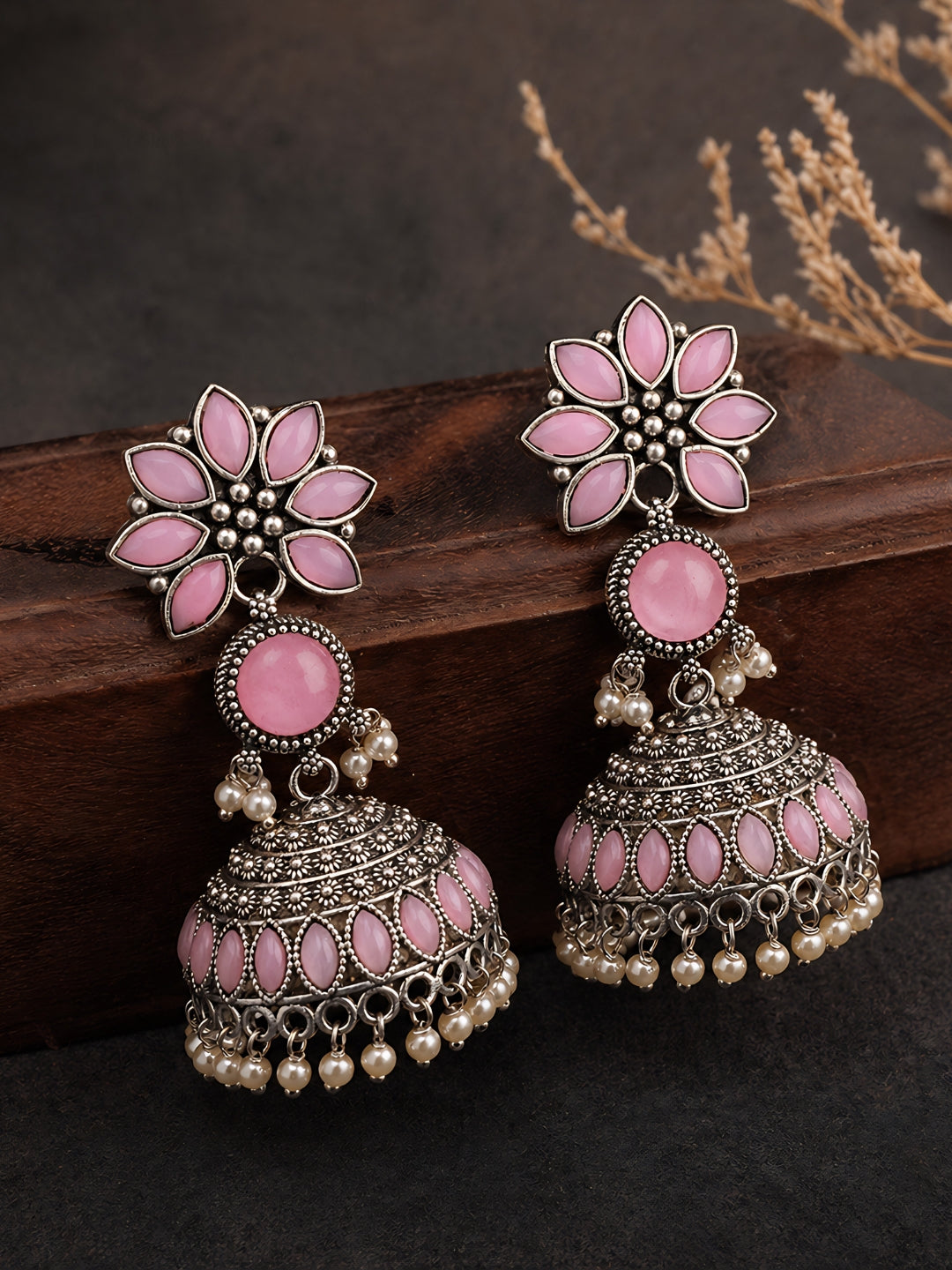 Pink Floral Silver Finish Jhumka Earrings