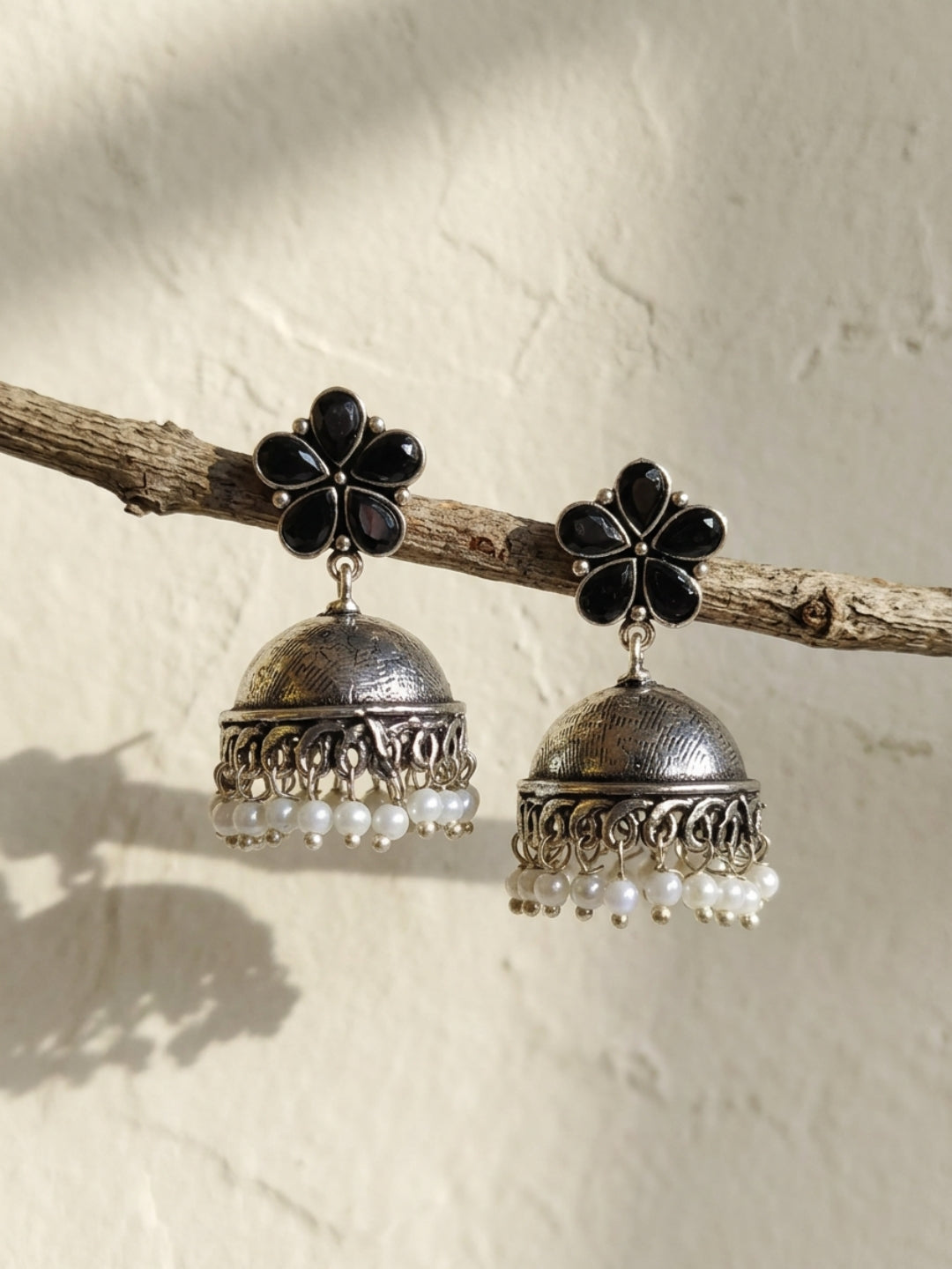 Black Floral Antique Look Jhumka Earrings
