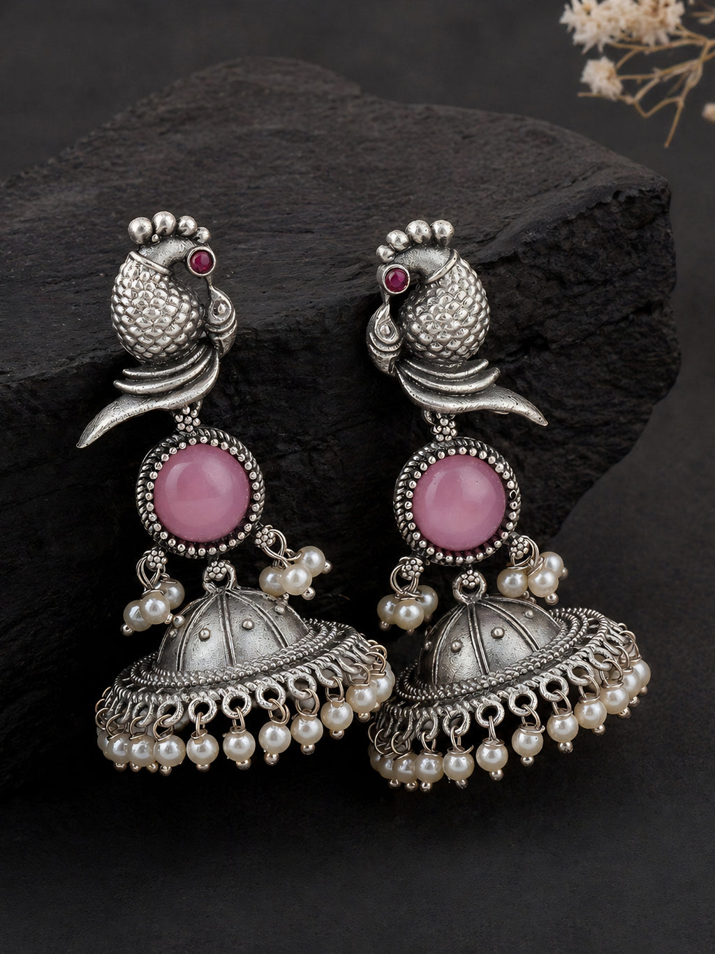 Pink Peacock Silver-Finish Jhumka Earrings