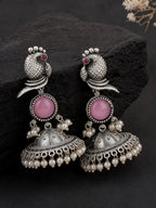 Pink Peacock Silver-Finish Jhumka Earrings