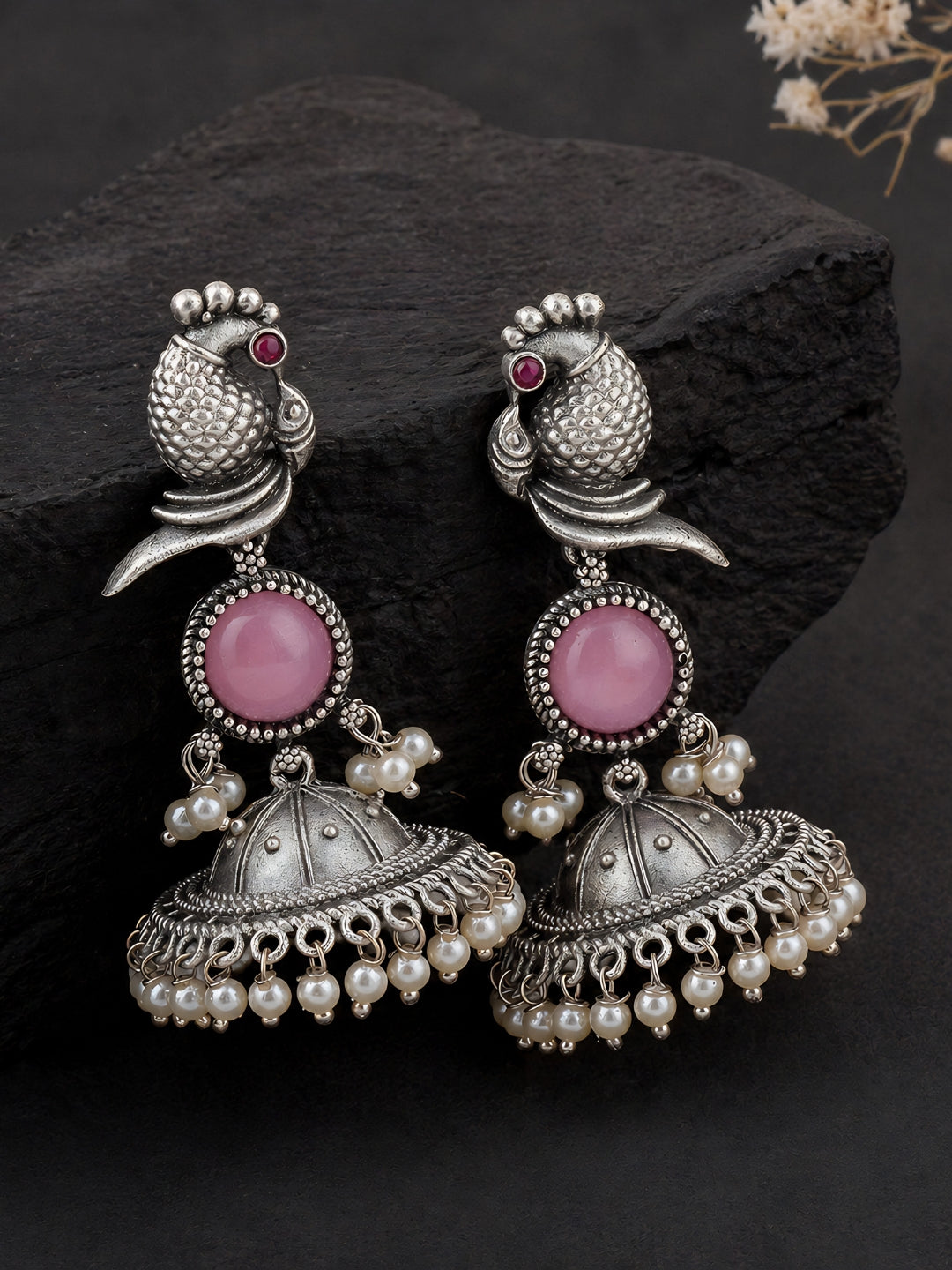 Pink Peacock Silver-Finish Jhumka Earrings