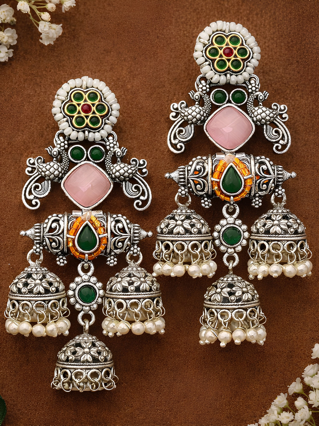 Floral Pink Green Silver Tone Jhumki Earrings