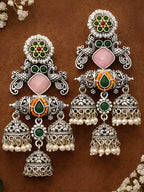 Floral Pink Green Silver Tone Jhumki Earrings