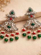 Silver Finish Mayurika Red Green Jhumki Earrings