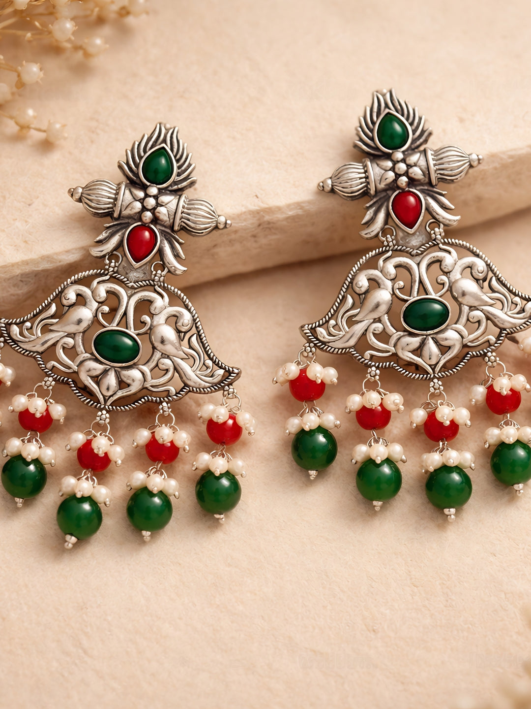 Silver Finish Mayurika Red Green Jhumki Earrings