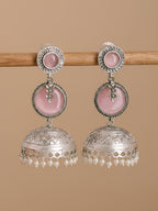 Pink Dome Pearl Drop Jhumka Earrings — Silver Finish