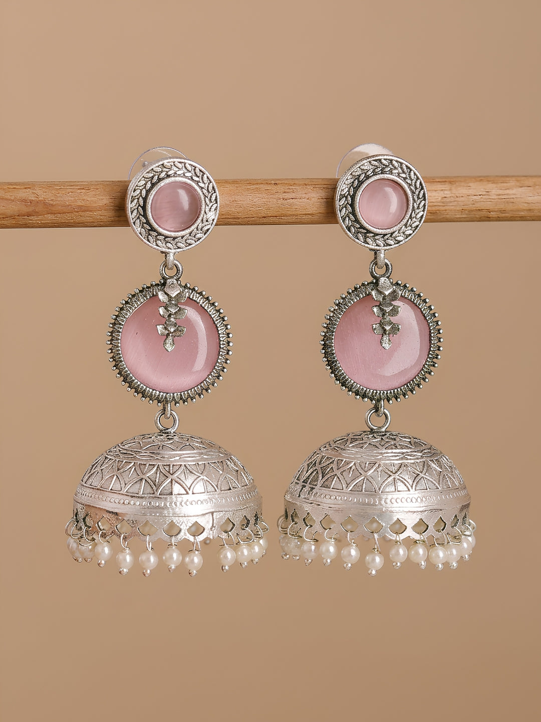 Pink Dome Pearl Drop Jhumka Earrings — Silver Finish