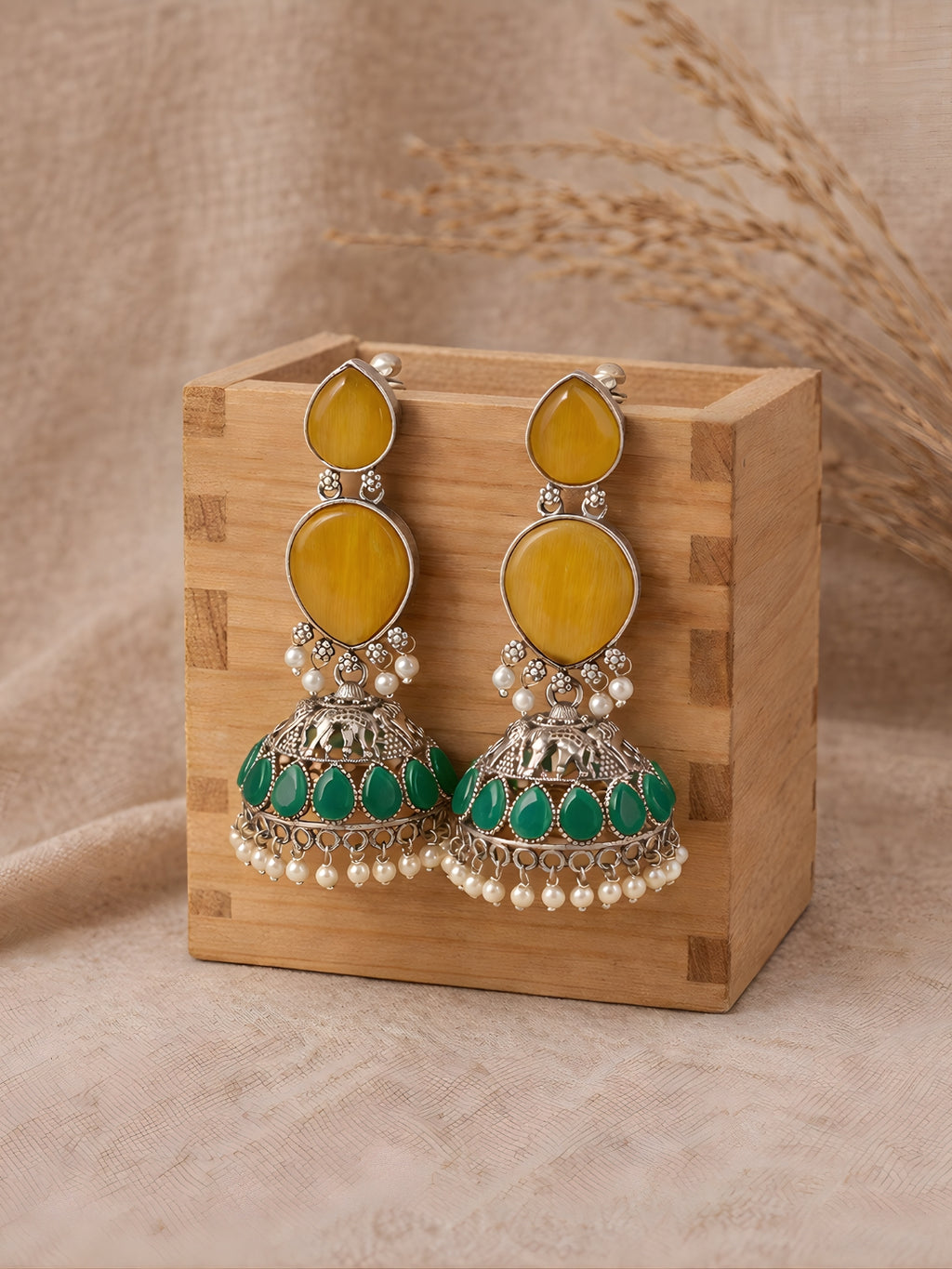 Silver Finish Green Stone Elephant Jhumki