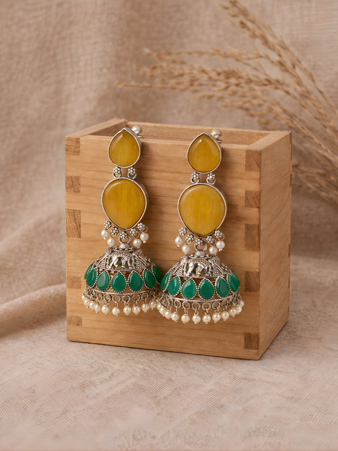 Silver Finish Green Stone Elephant Jhumki