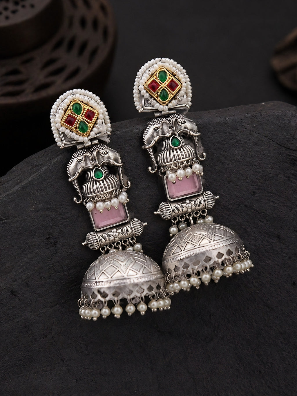 Silver tone Elephant Jhumka Earrings