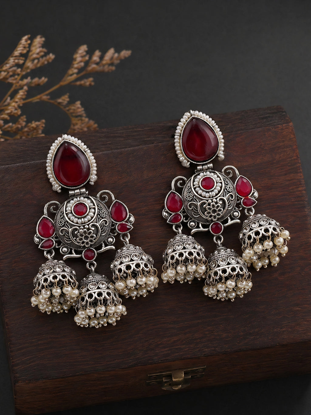 Silver Tone Red Stone Jhumka Dangler Earrings