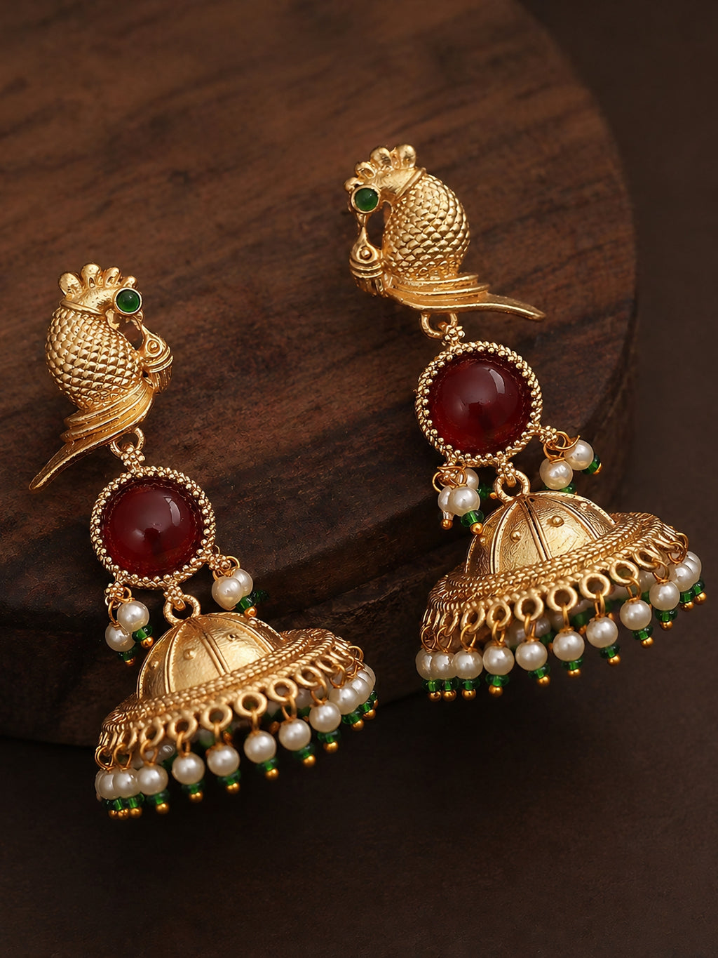 Gold Finish Red Stone Peacock Jhumka Earrings