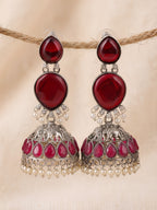 Red Stone Jhumki Earrings — Silver Tone