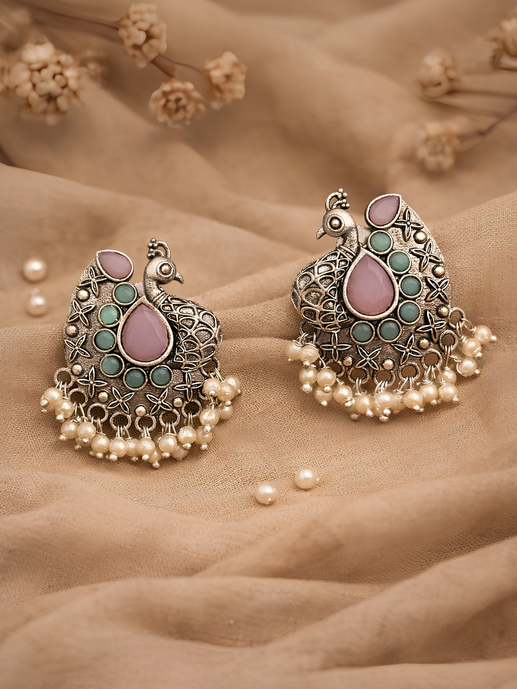 Pink Peacock Pearl Drop Silver finish Studs