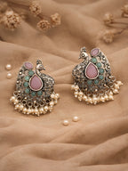 Pink Peacock Pearl Drop Silver finish Studs