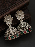 Silver Tone Floral Red Green Jhumka Earrings