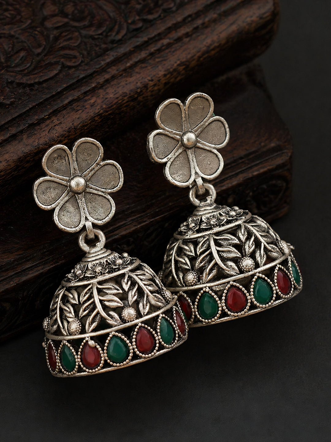 Silver Tone Floral Red Green Jhumka Earrings