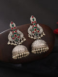 Silver Finish Red Green Peacock Jhumki Earrings