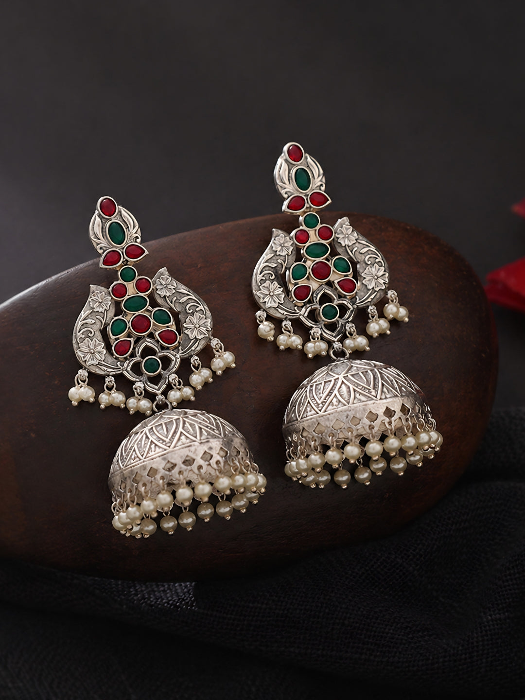 Silver Finish Red Green Peacock Jhumki Earrings