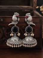 Peacock Black Stone Silver-Finish Jhumka