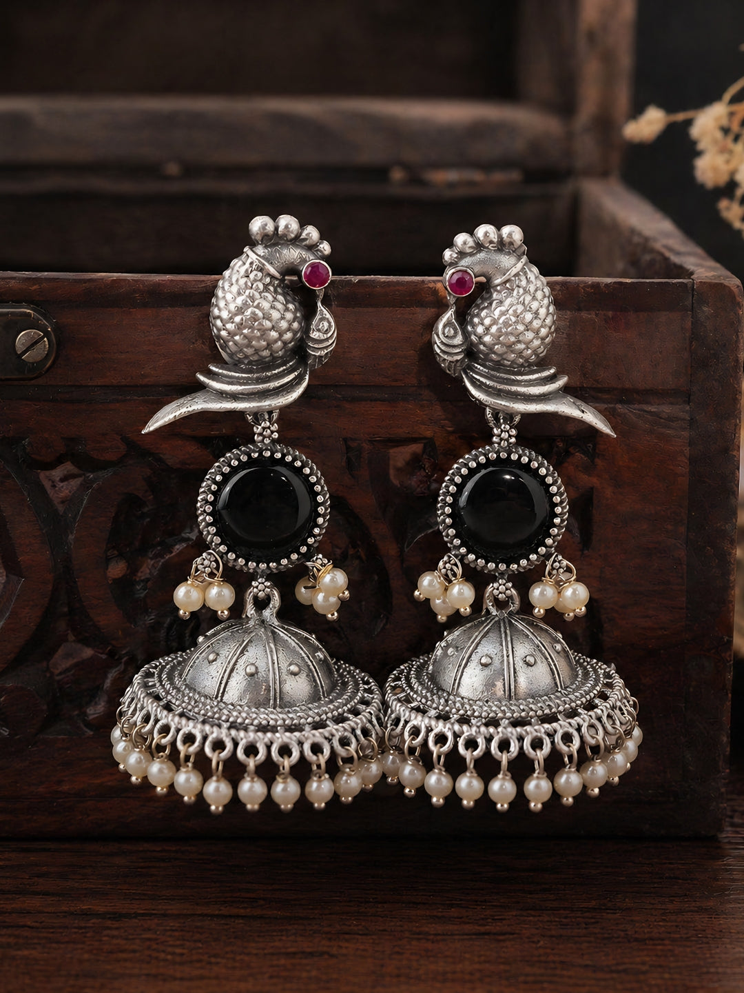 Peacock Black Stone Silver-Finish Jhumka