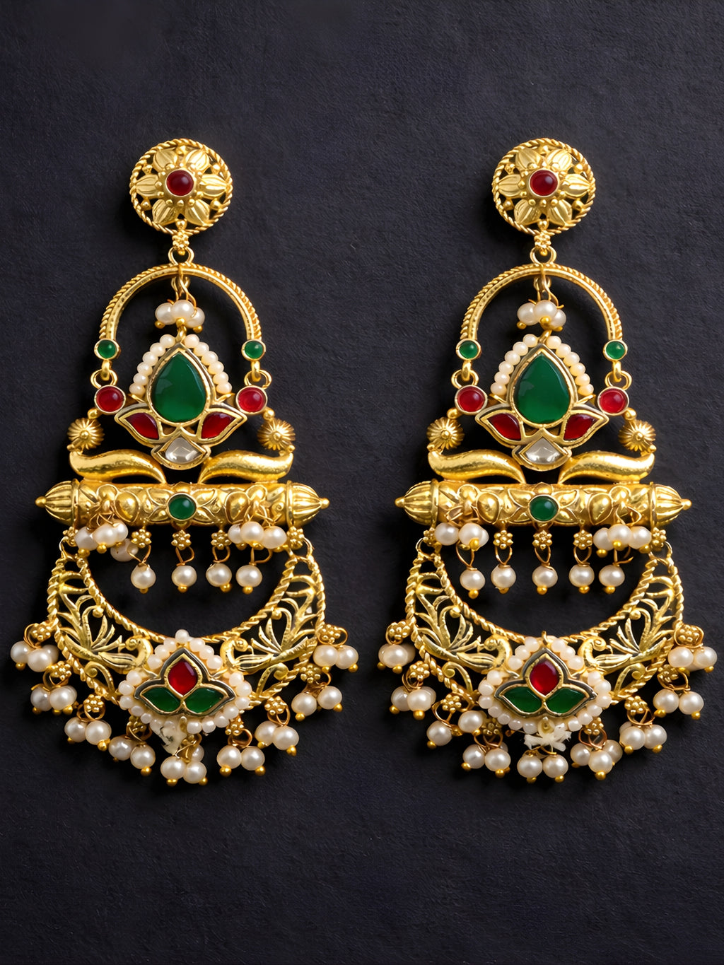 Gold-finish Red Green Dangler Earrings