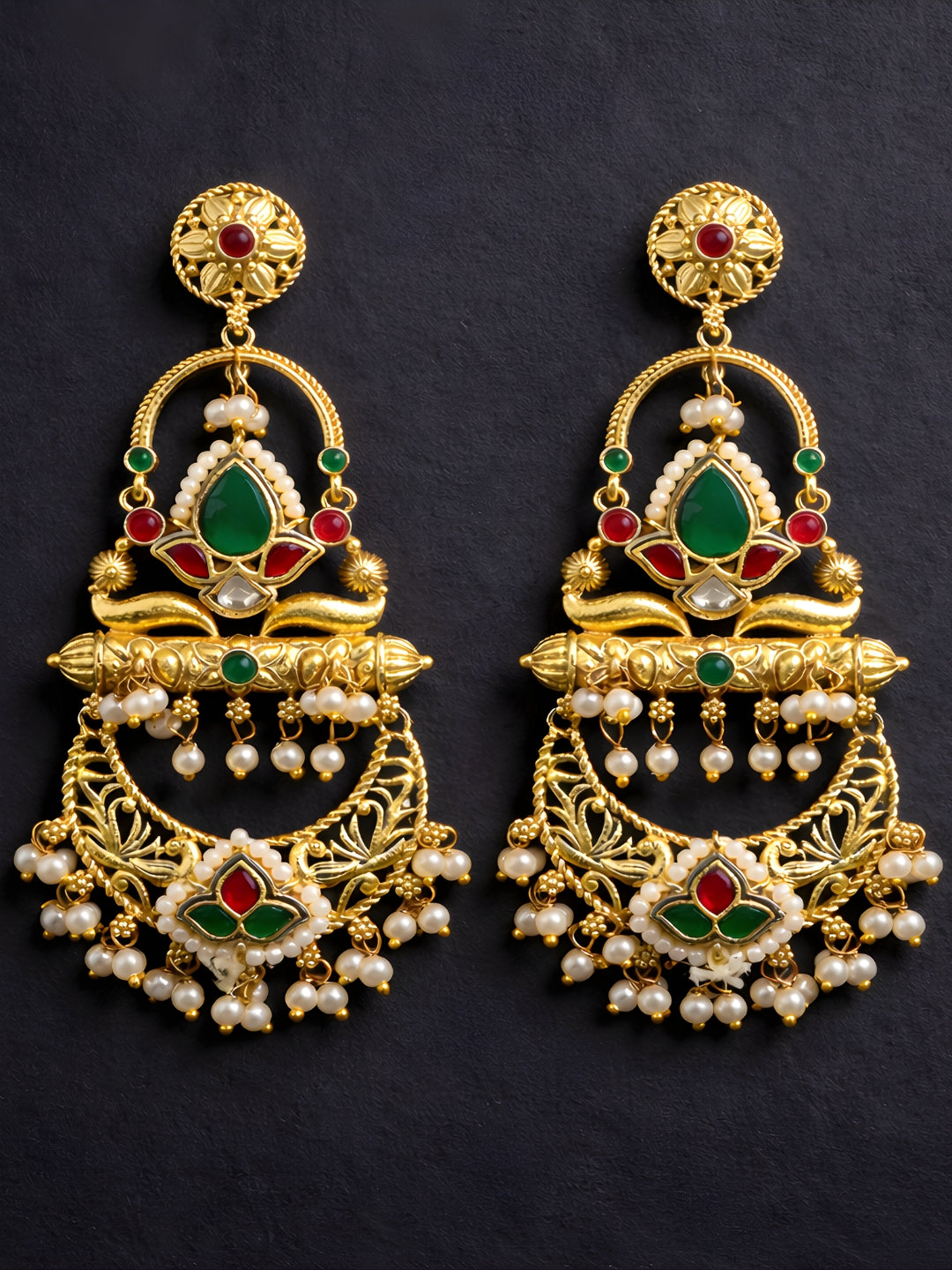 Gold-finish Red Green Dangler Earrings