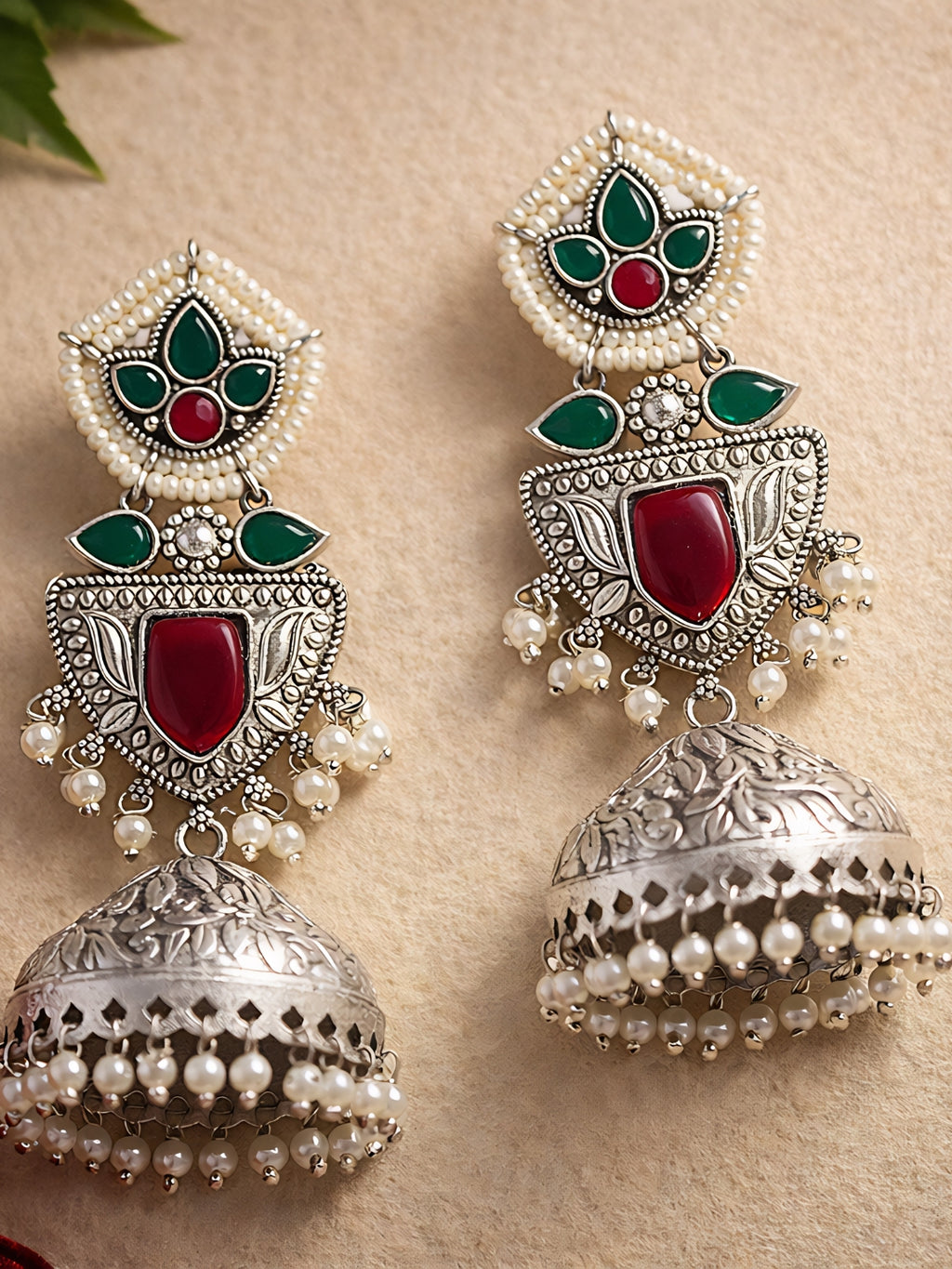 Silver Finish Red & Green Stone Jhumki Earrings