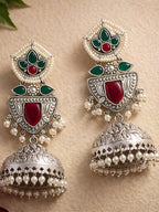 Silver Finish Red & Green Stone Jhumki Earrings