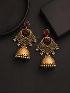 Traditional Green Red Jhumki Earrings Gold Finish