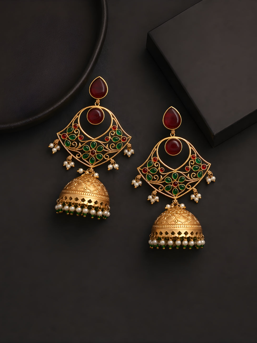 Traditional Green Red Jhumki Earrings Gold Finish