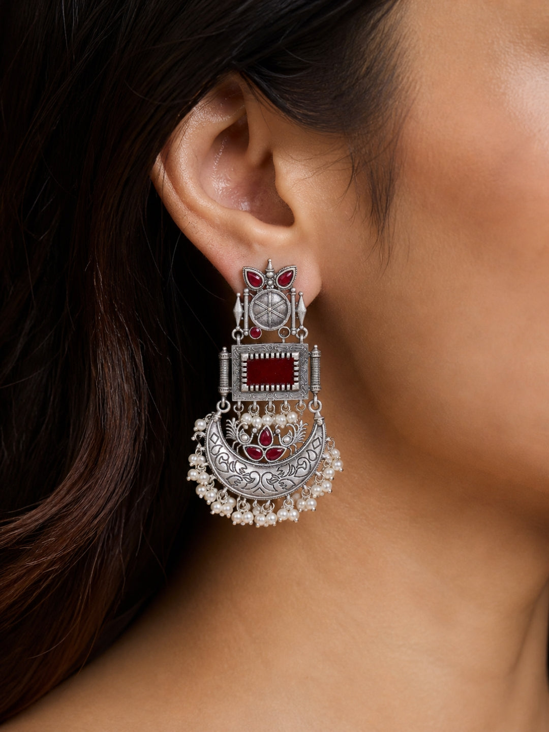 Silver Finish Red Stone Chand Dangler Earrings