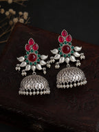 Red Green Floral Silver finish Jhumki Earrings