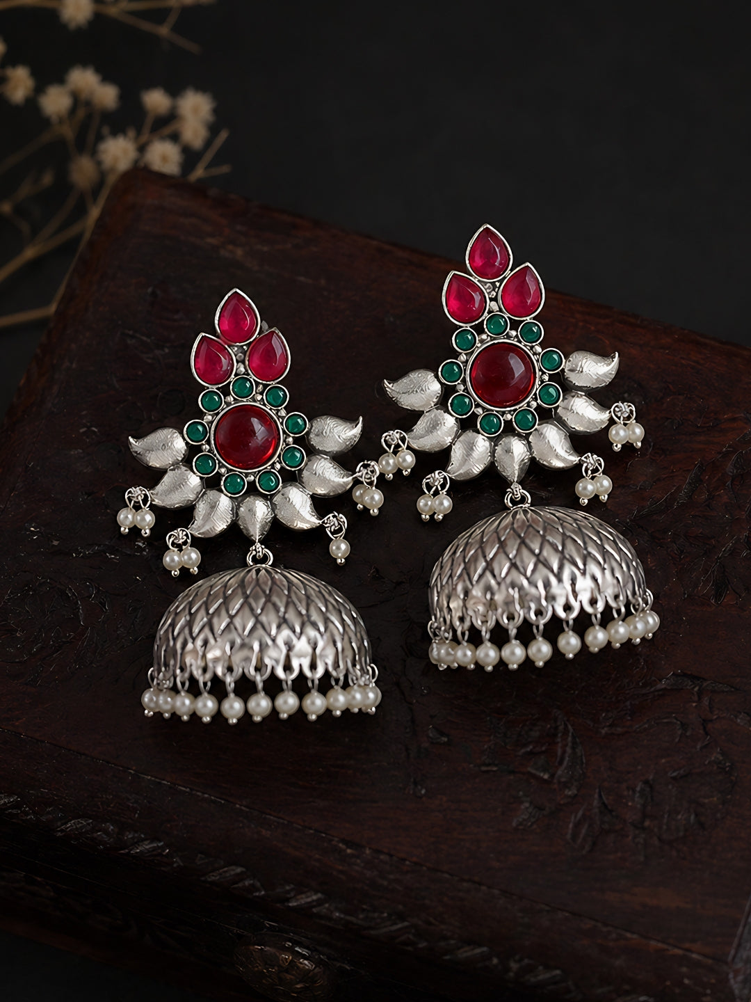 Red Green Floral Silver finish Jhumki Earrings