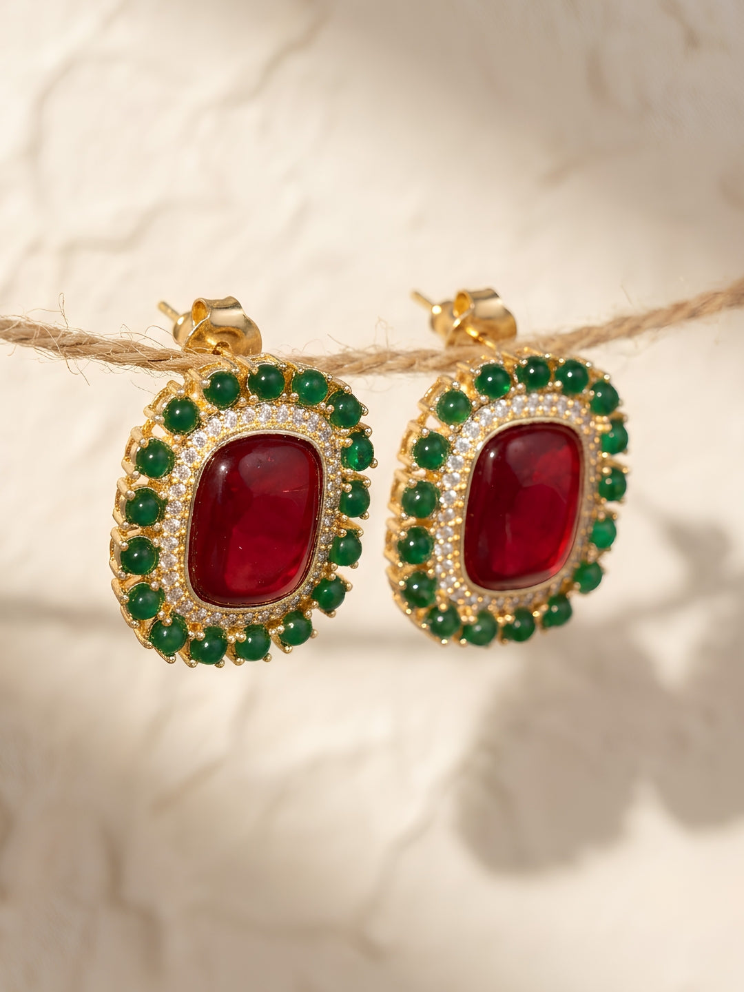 Red Green Stone Earrings Combo Set