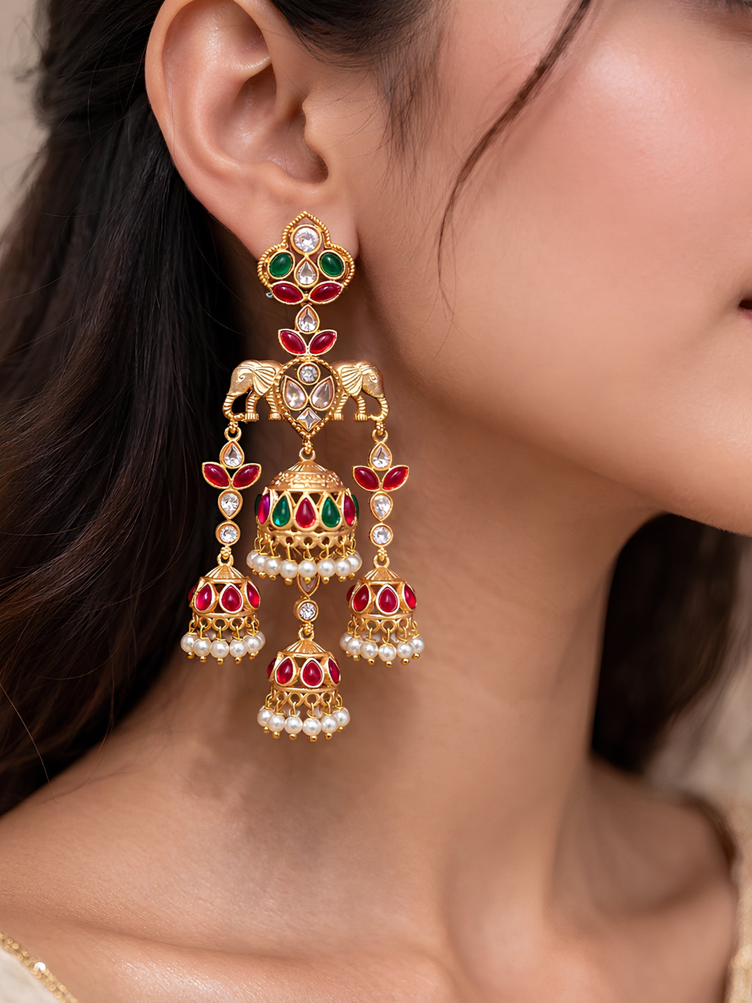 Elephant Motif Multi Jhumka Earrings