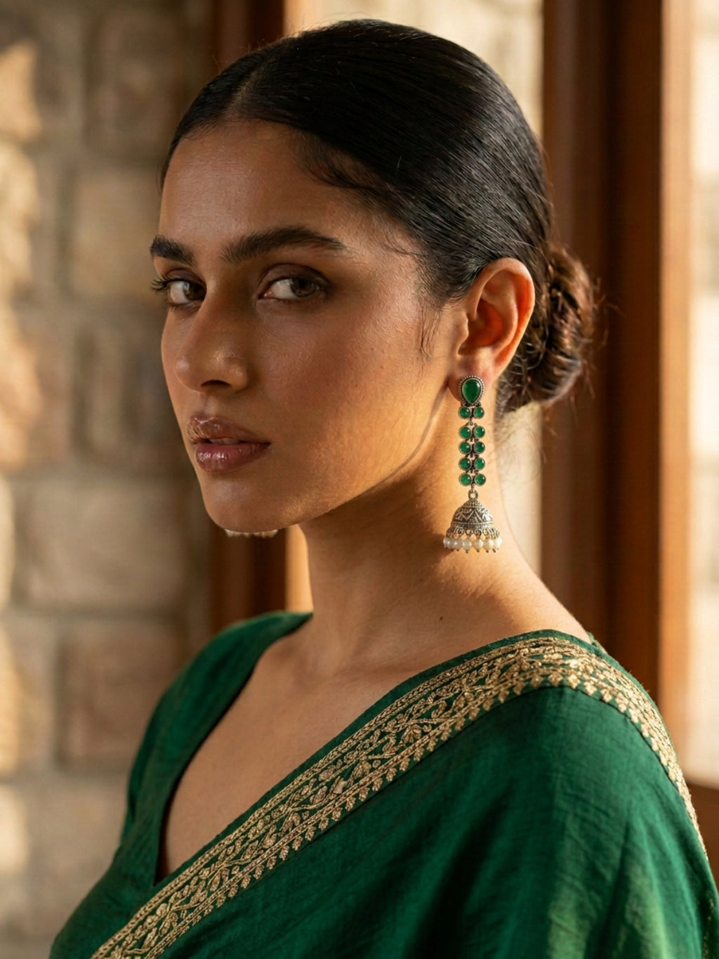 Silver finish Green & Pink Jhumka Earring Combo