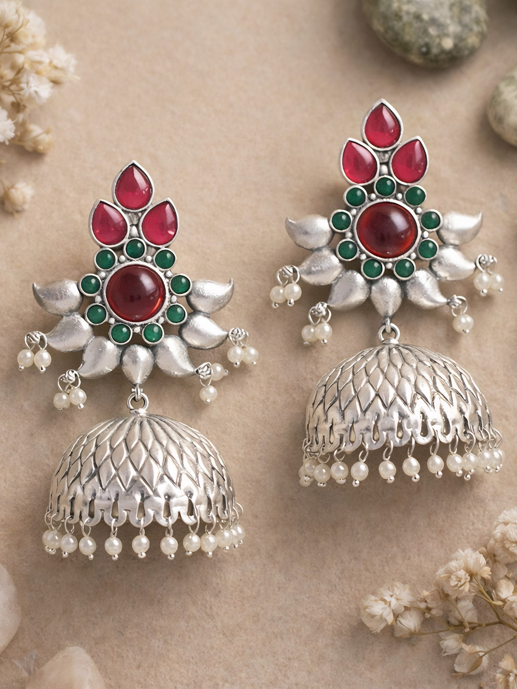 Silver-Finish Red Green Floral Jhumki Earrings