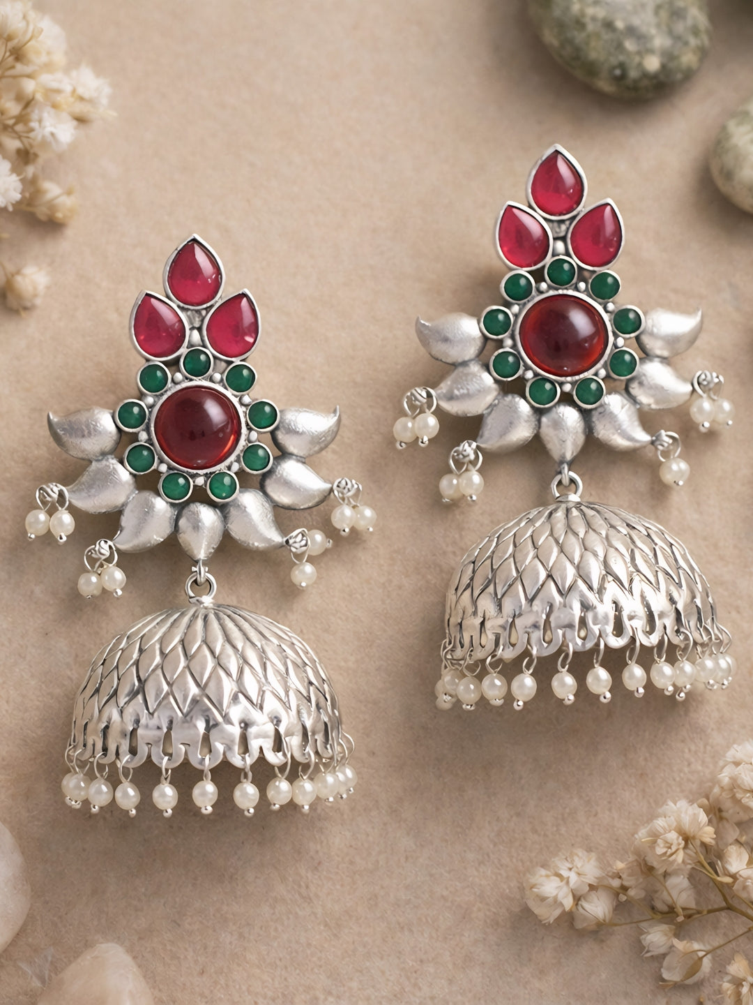 Silver-Finish Red Green Floral Jhumki Earrings