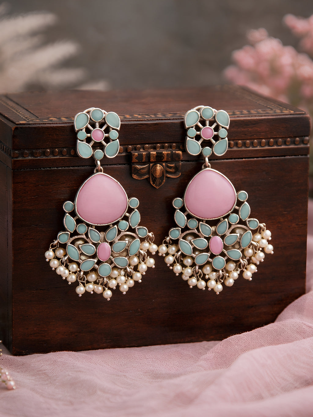 Silver Tone Pink Turquoise Floral Pearl Dangler Statement Earrings