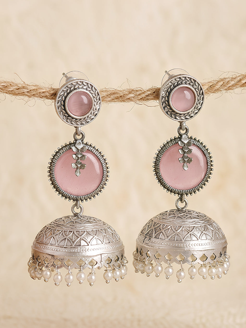 Pink Stone Silver Plated Jhumka Earring Combo