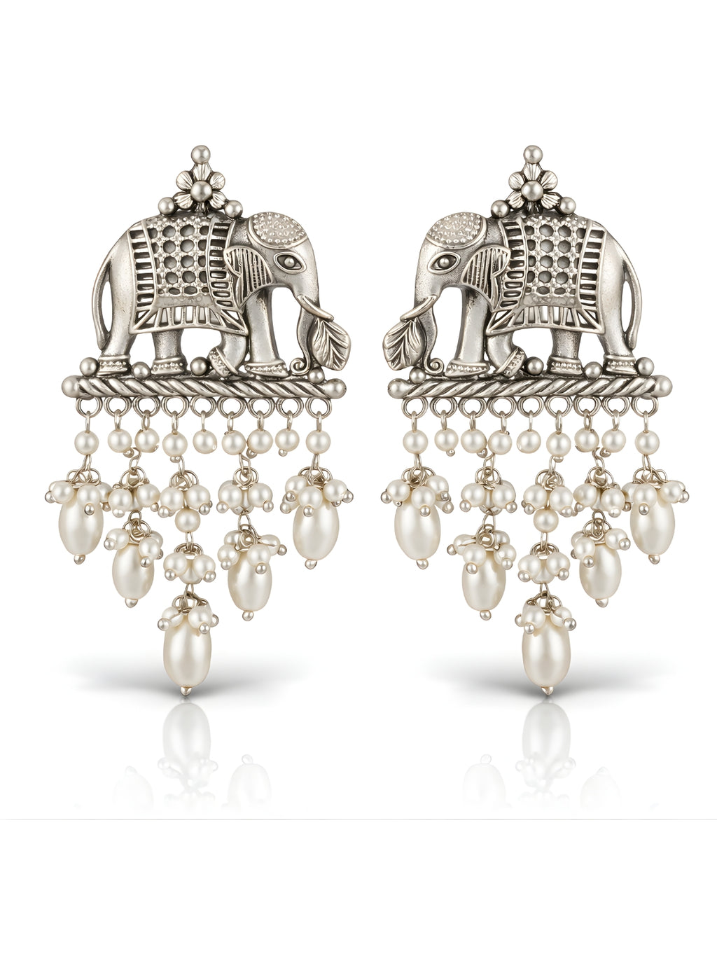 Oxidised Silver Elephant Pearl Cluster Dangler Earrings