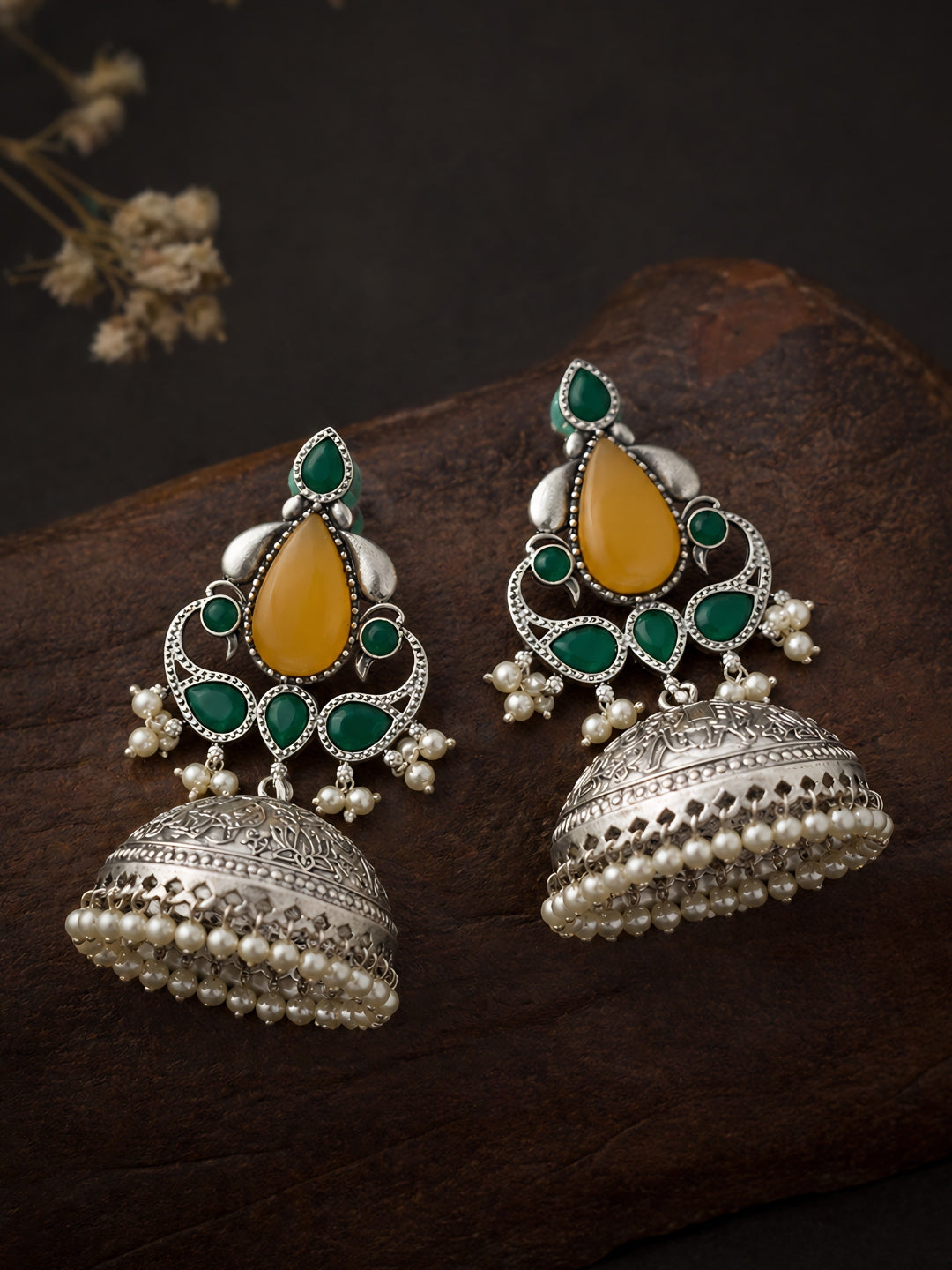 Silver-Finish Green Yellow Jhumka Earrings