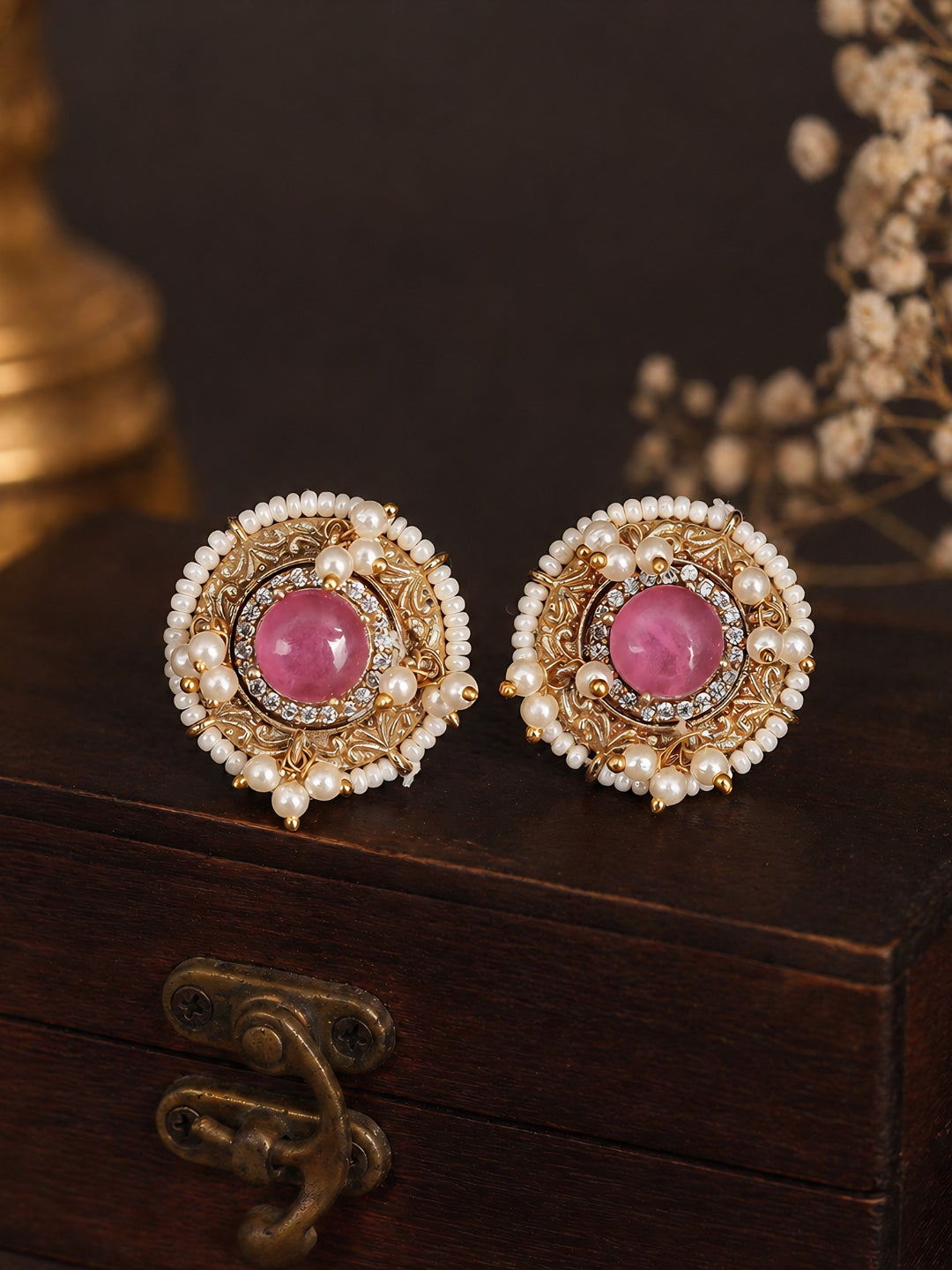 Gulika Pink Stone Pearl Stud Earrings