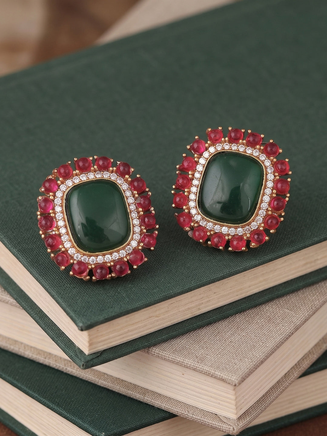 Red Green Stone Gold finish Stud Earrings